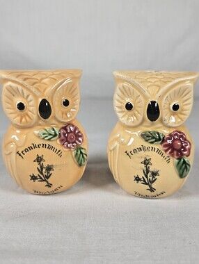 Vintage Anthropomorphic Owl Salt Pepper Shakers Souvenir Frankenmuth Michigan